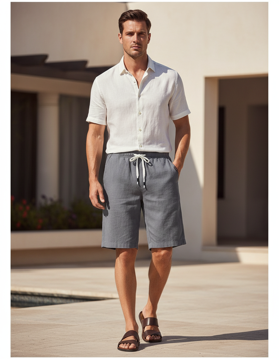 Pantalon En Lin Homme Gris Court Cordon Décontracté