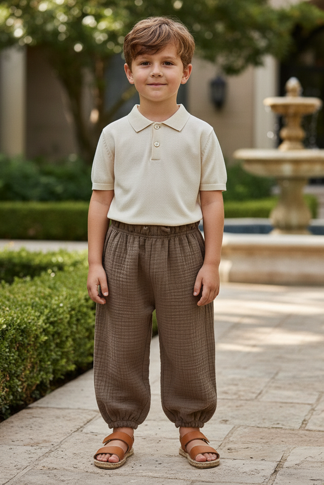 Pantalon En Lin Marron Ample Plissé Enfant Confortable