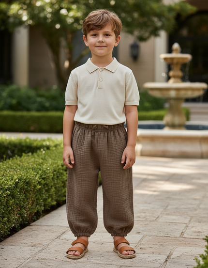 Pantalon En Lin Marron Ample Plissé Enfant Confortable