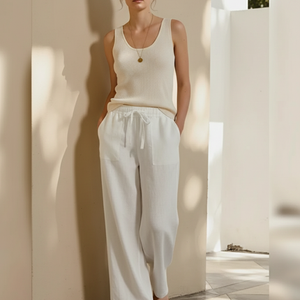 Pantalon En Lin Femme Écru Coupe Ample Casual Respirant - Blanc