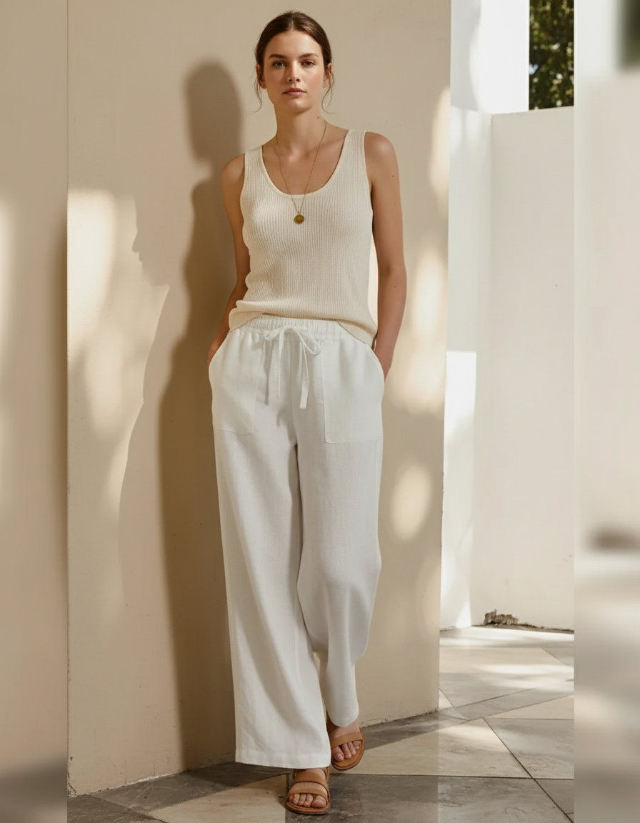 Pantalon En Lin Femme Écru Coupe Ample Casual Respirant - Blanc