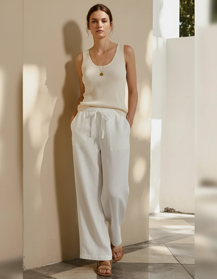 Pantalon En Lin Femme Écru Coupe Ample Casual Respirant - Blanc
