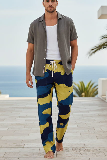 Pantalon En Lin Imprimé Camouflage Jaune Bleu Cordon