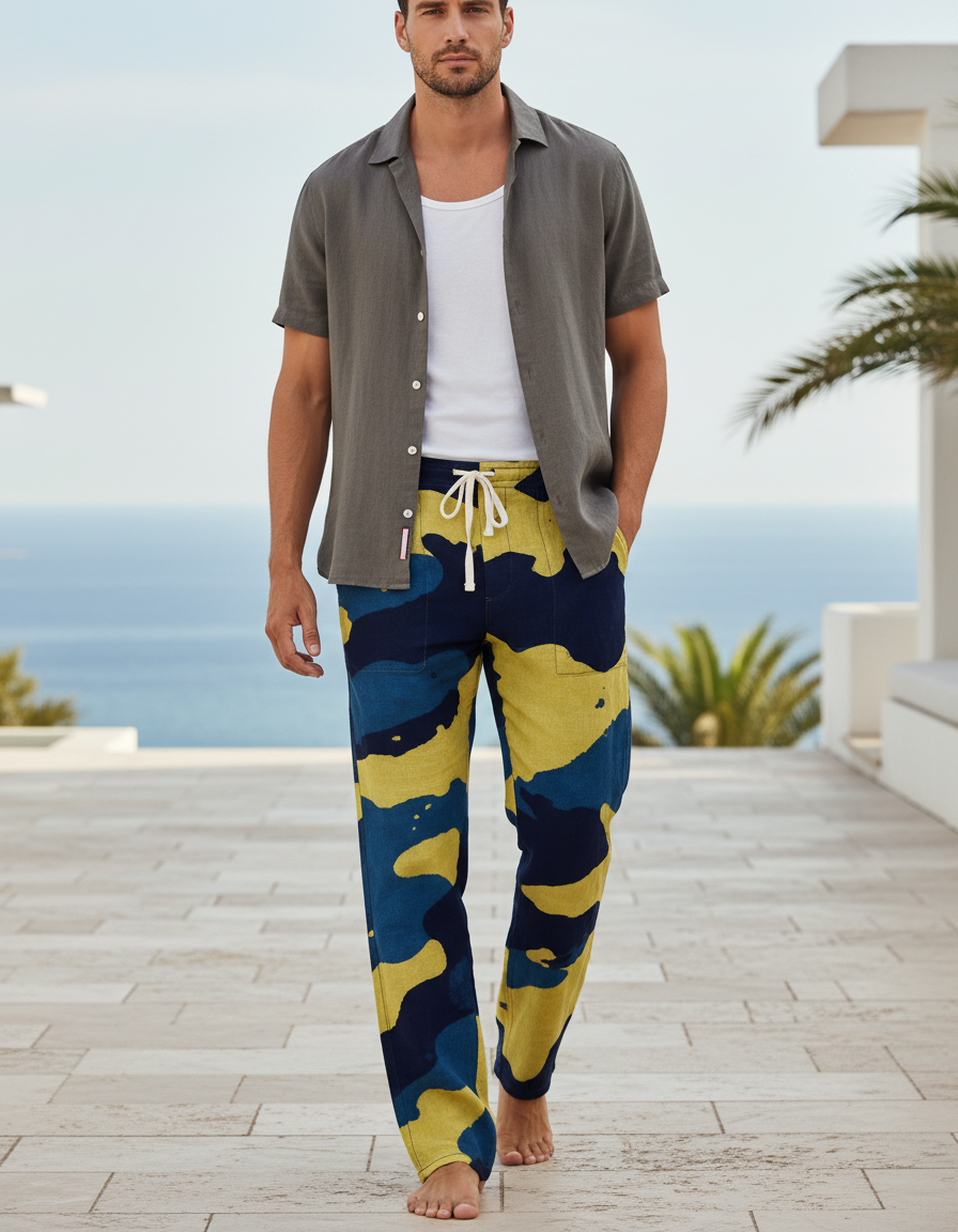 Pantalon En Lin Imprimé Camouflage Jaune Bleu Cordon