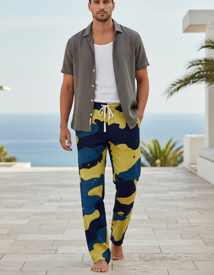 Pantalon En Lin Imprimé Camouflage Jaune Bleu Cordon