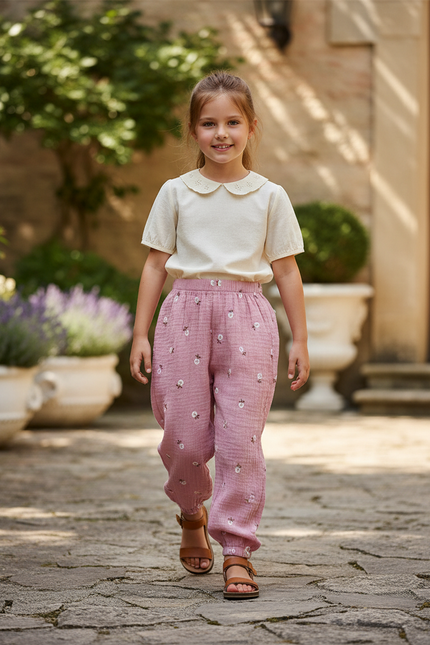 Pantalon En Lin Rose Brodé Enfants Ample Décontracté