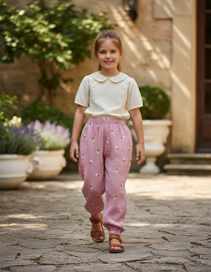 Pantalon En Lin Rose Brodé Enfants Ample Décontracté