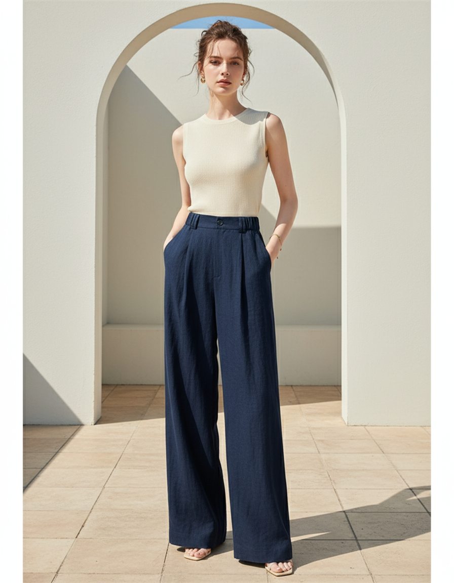 Pantalon Lin Marine Femme