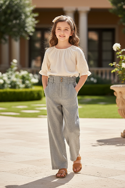 Pantalon En Lin Gris Clair Ample Décontracté Boutons
