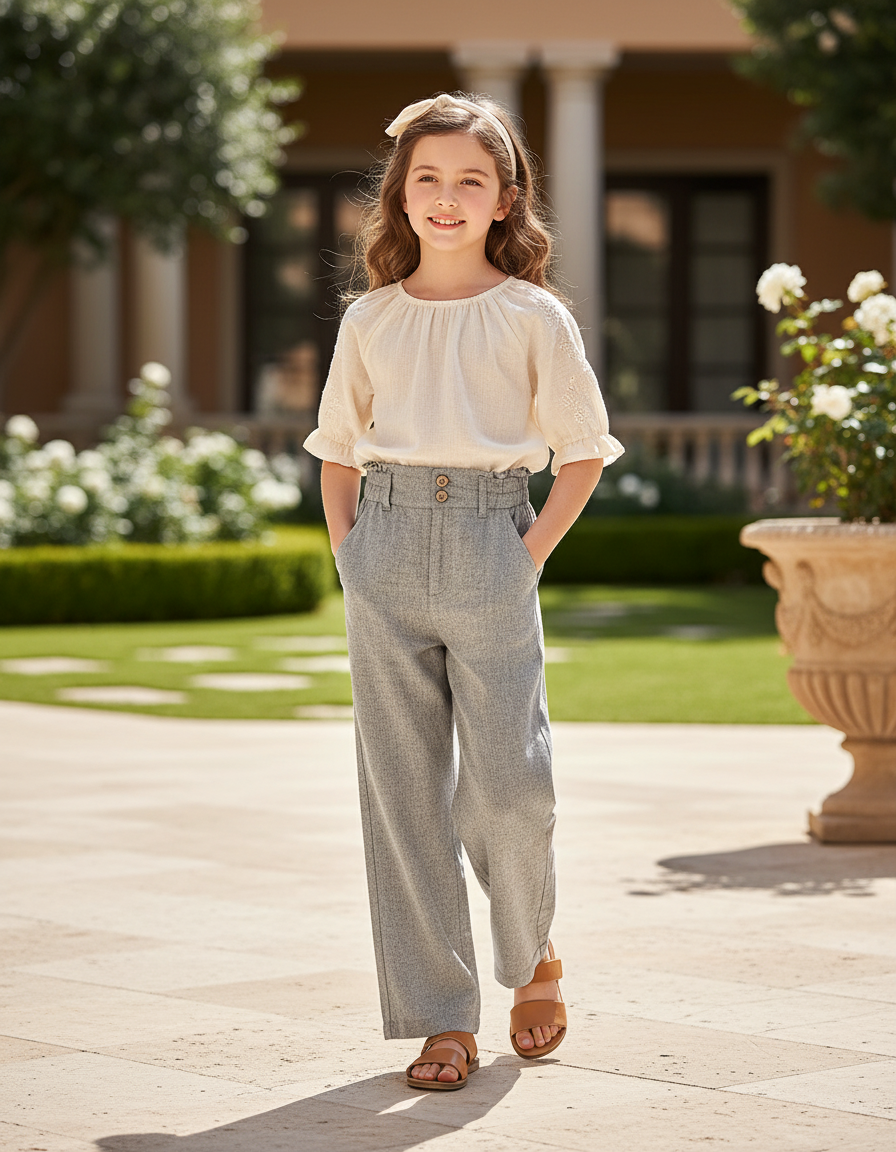 Pantalon En Lin Gris Clair Ample Décontracté Boutons