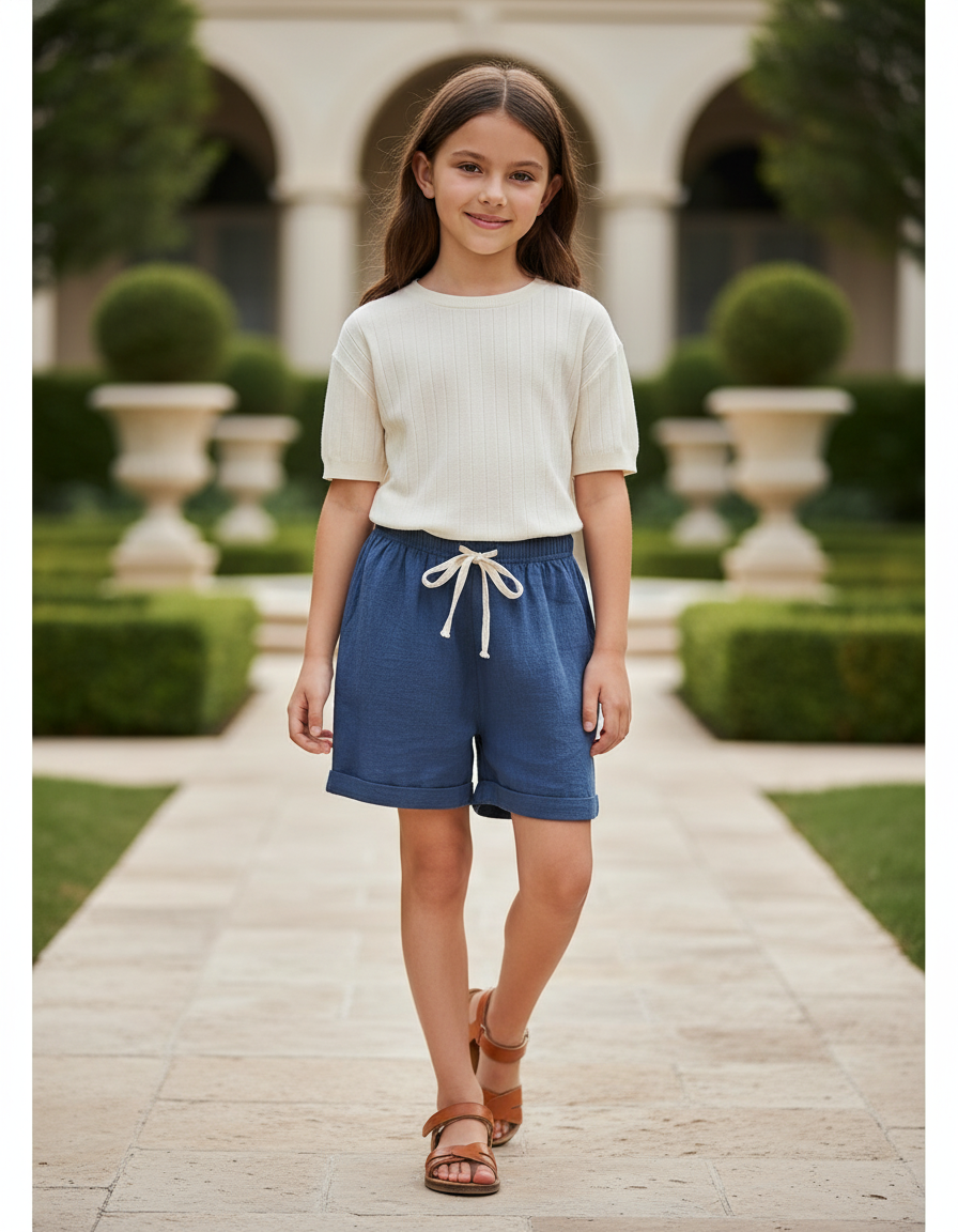 Pantalon En Lin Bleu Court Décontracté Cordon Enfant