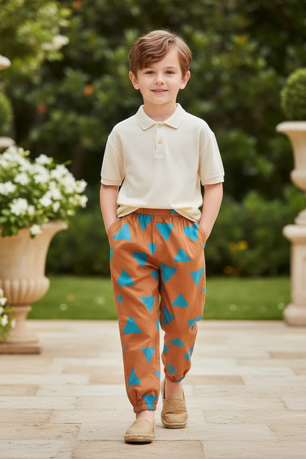 Pantalon En Lin Marron Triangles Ample Décontracté Enfant