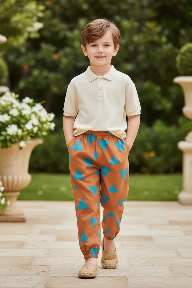 Pantalon En Lin Marron Triangles Ample Décontracté Enfant