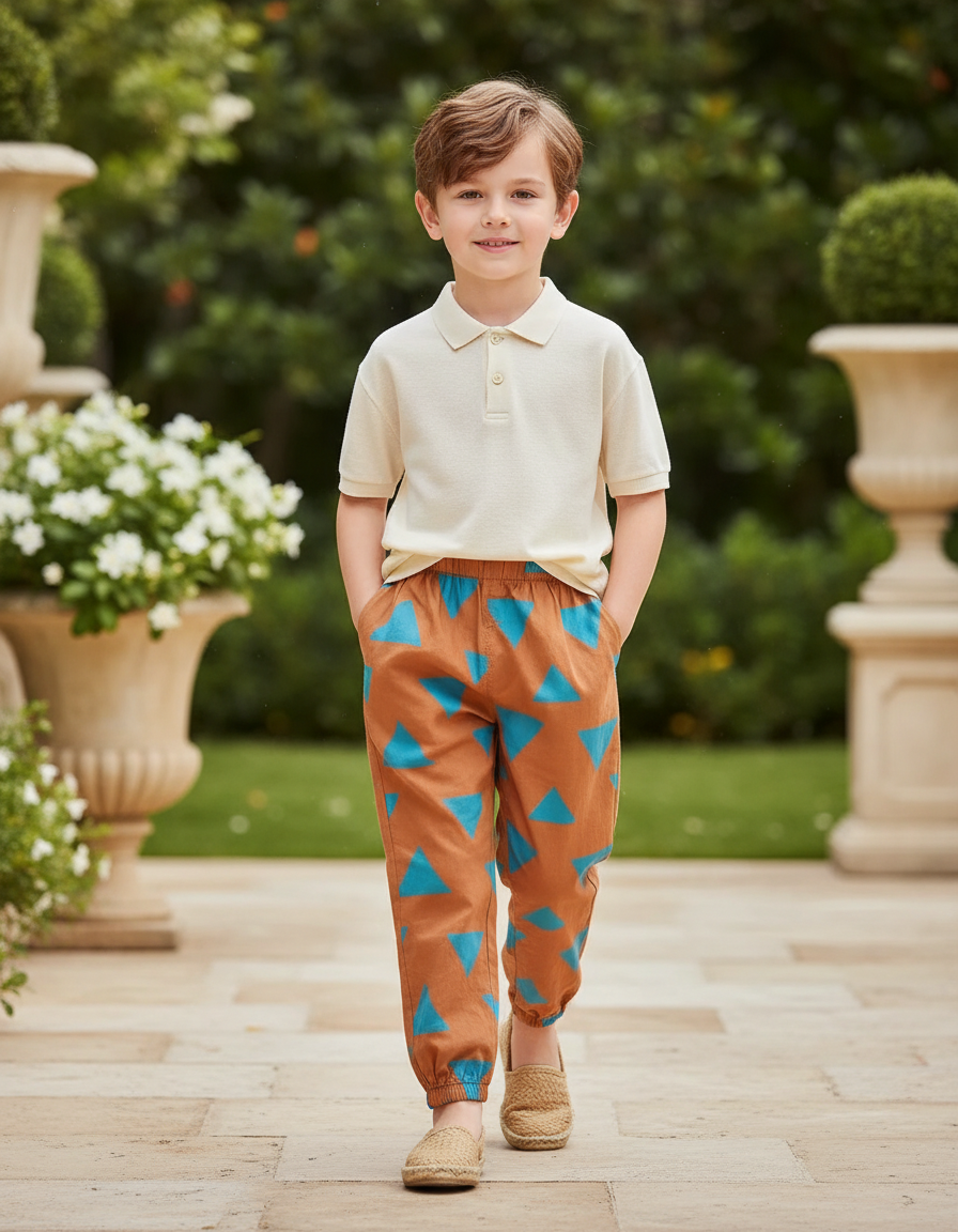 Pantalon En Lin Marron Triangles Ample Décontracté Enfant