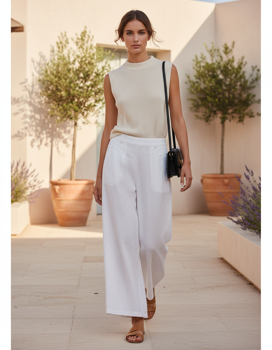 Pantalon En Lin Blanc Ample Décontracté Fluide