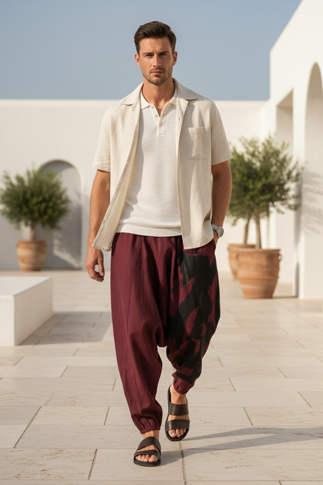 Pantalon En Lin Harem Bordeaux Imprimé Homme Décontracté
