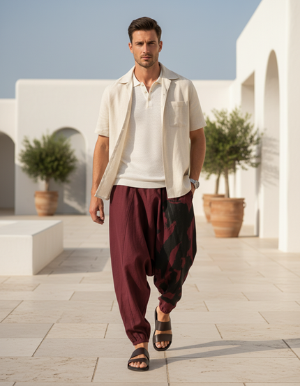 Pantalon En Lin Harem Bordeaux Imprimé Homme Décontracté