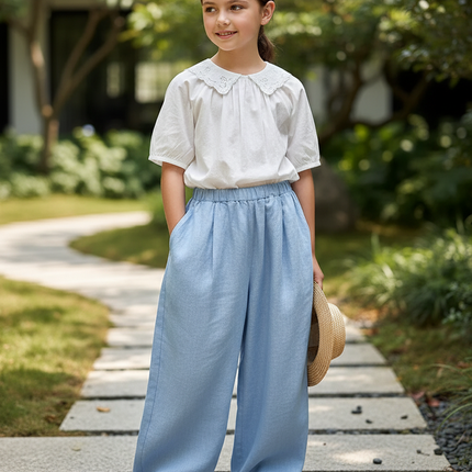 Pantalon En Lin Bleu Ample Fluide Décontracté Fille