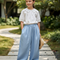 Pantalon En Lin Bleu Ample Fluide Décontracté Fille