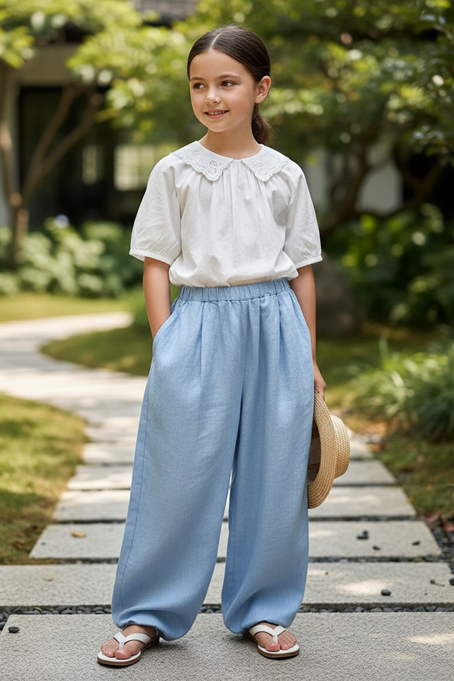 Pantalon En Lin Bleu Ample Fluide Décontracté Fille