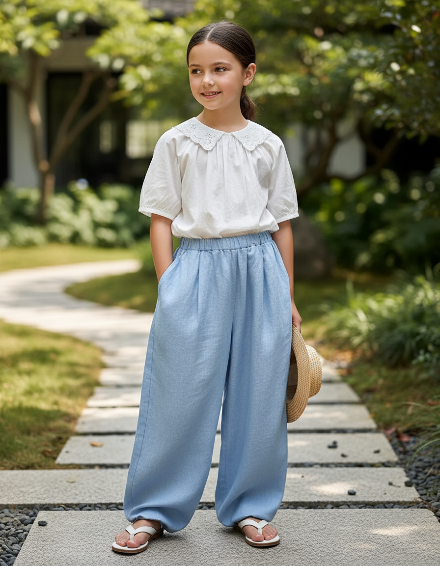 Pantalon En Lin Bleu Ample Fluide Décontracté Fille