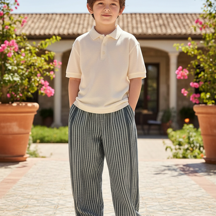 Pantalon En Lin Rayé Ample Décontracté Enfant - Gris