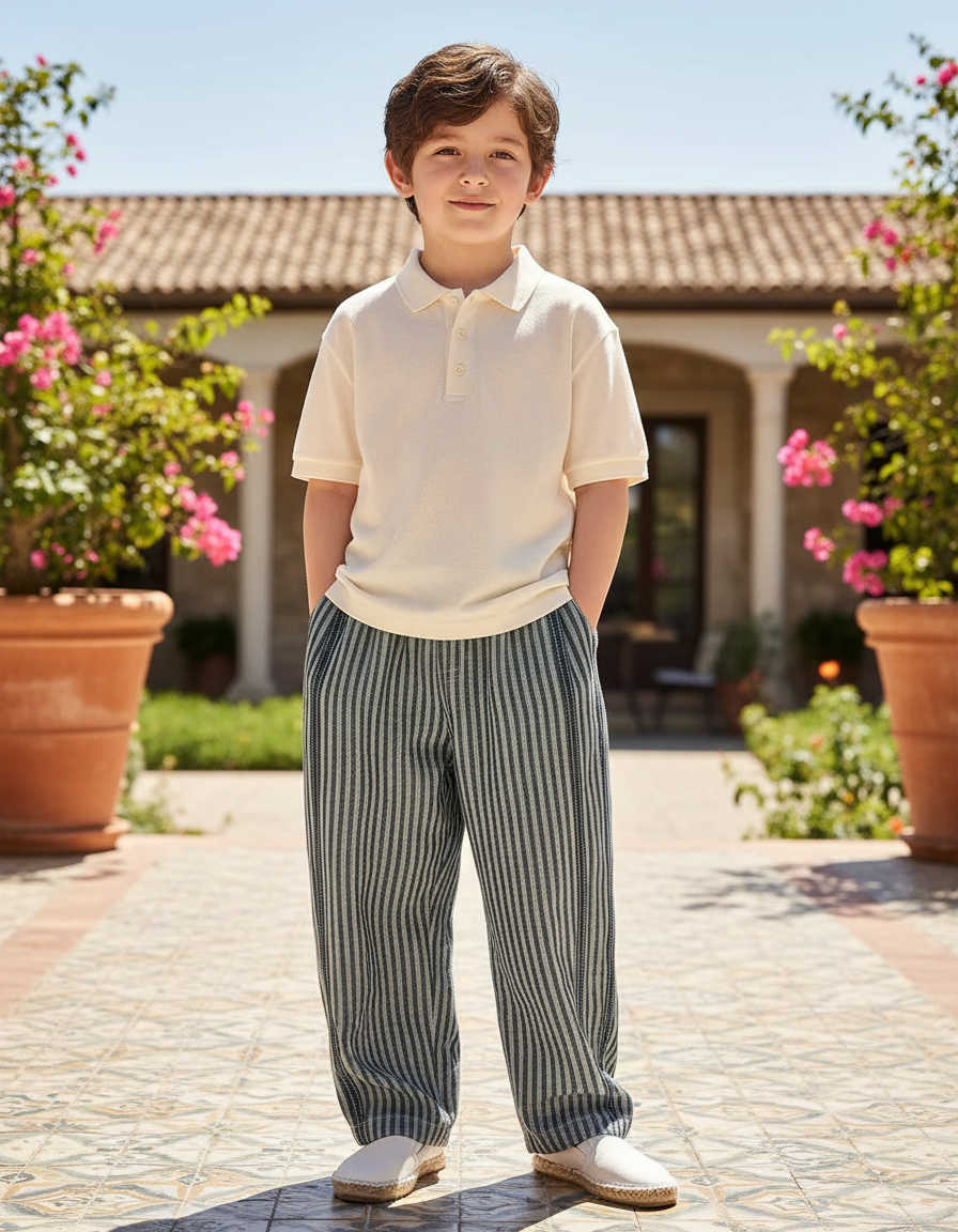 Pantalon En Lin Rayé Ample Décontracté Enfant - Gris