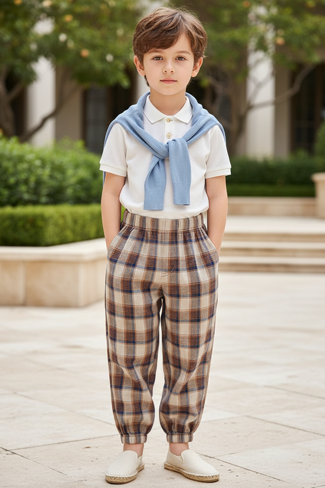 Pantalon En Lin Carreaux Marron Ample Décontracté Enfant - Multicolore