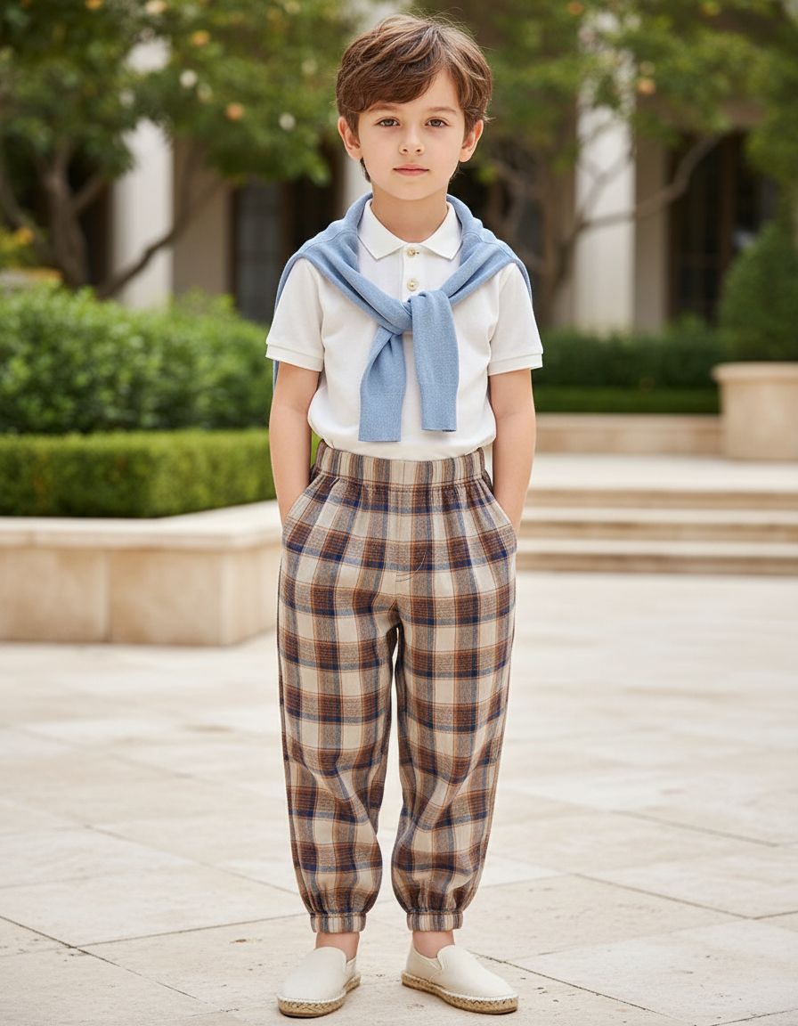 Pantalon En Lin Carreaux Marron Ample Décontracté Enfant - Multicolore