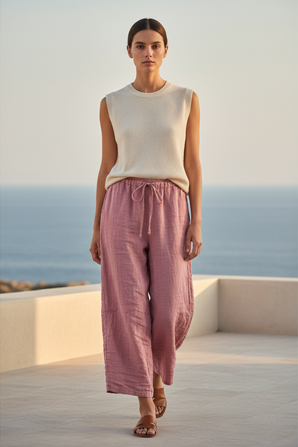 Pantalon En Lin Rose Ample Décontracté Femme Fluide