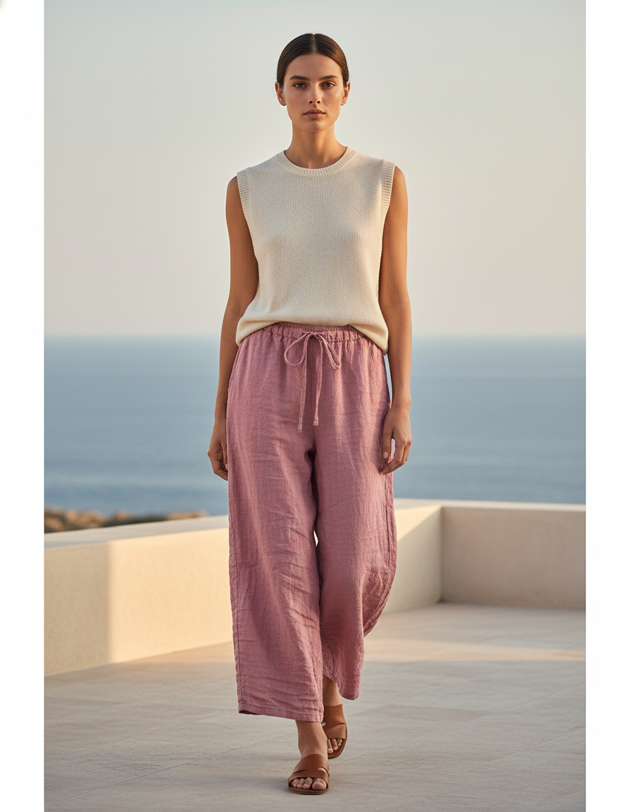 Pantalon En Lin Rose Ample Décontracté Femme Fluide