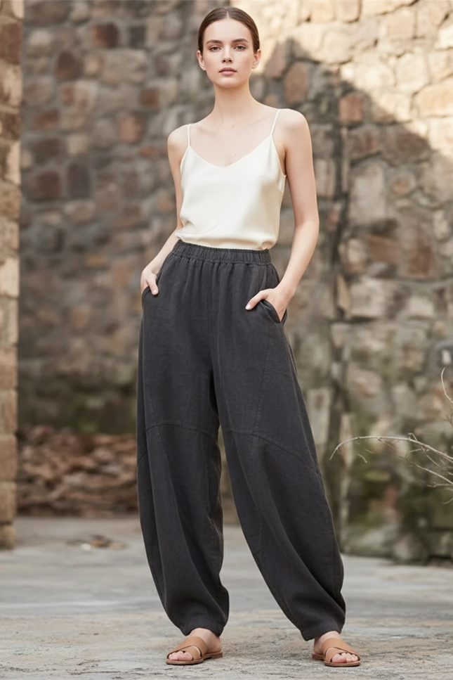 Pantalon En Lin Ample Gris Foncé Taille Élastique