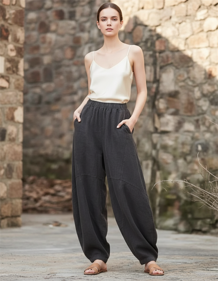 Pantalon En Lin Ample Gris Foncé Taille Élastique