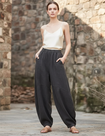 Pantalon En Lin Ample Gris Foncé Taille Élastique