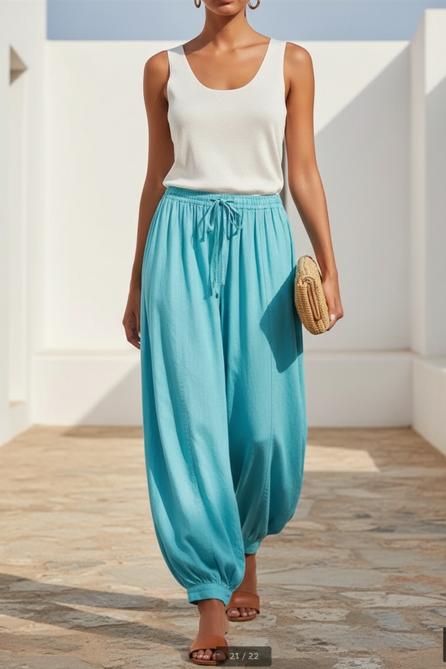 Pantalon En Lin Turquoise Ample Fluide Décontracté Femme - Bleu