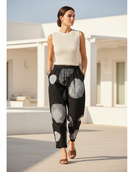 Pantalon En Lin Noir Imprimé Ample Décontracté Fluide
