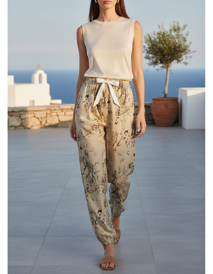 Pantalon En Lin Beige Imprimé Botanique Fluide Estival