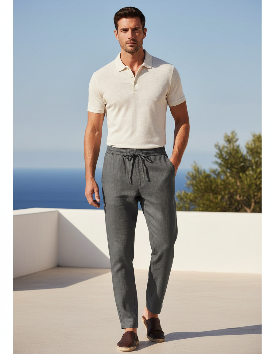 Pantalon En Lin Mélangé Avec Taille Élastique - Gris