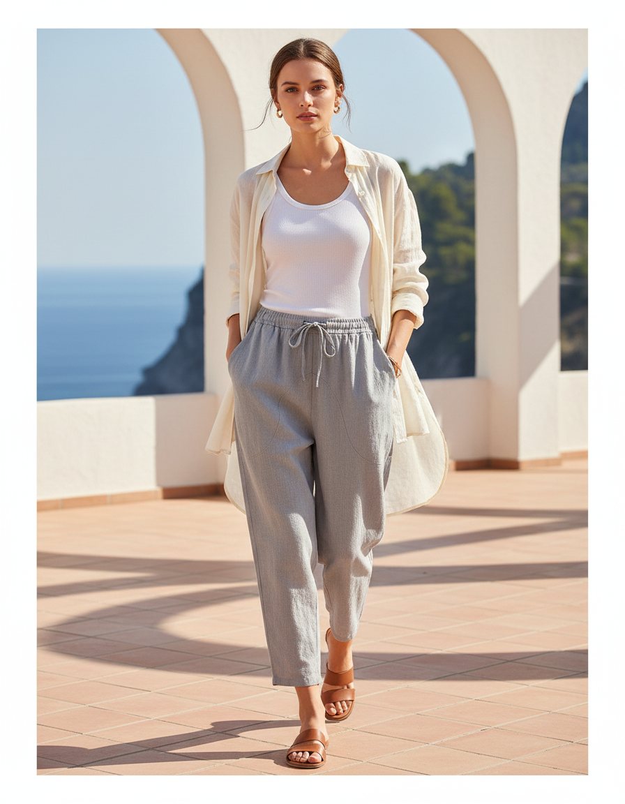 Pantalon En Lin Gris Fluide Décontracté Coton Taille Élastique