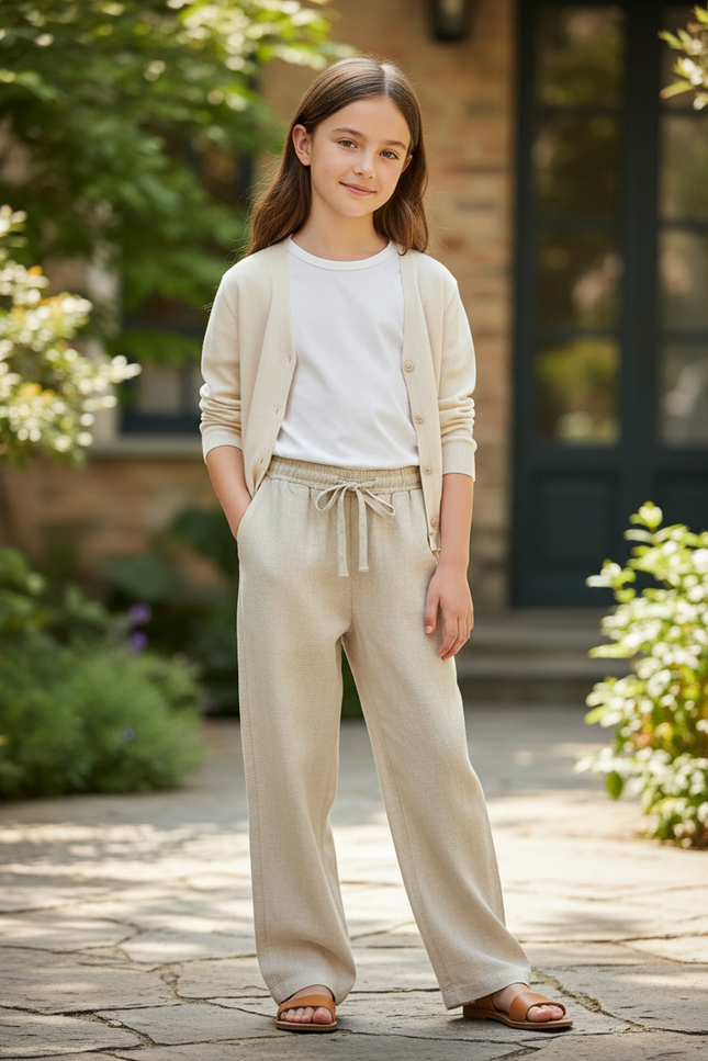 Pantalon En Lin Beige Ample Décontracté Fille Cordon
