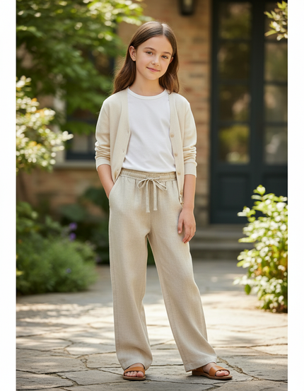 Pantalon En Lin Beige Ample Décontracté Fille Cordon
