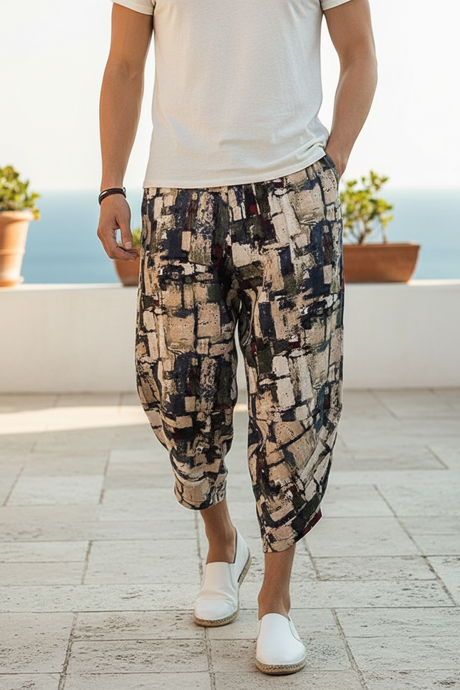 Pantalon En Lin Imprimé Harem Décontracté Homme