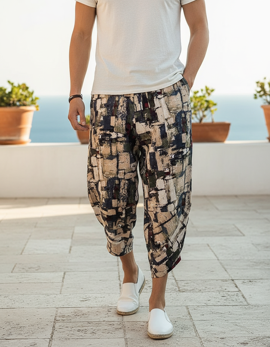 Pantalon En Lin Imprimé Harem Décontracté Homme