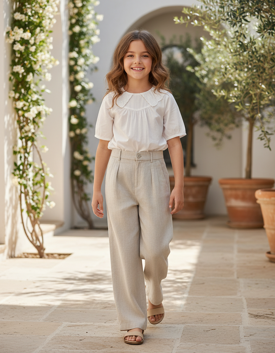Pantalon En Lin Beige Ample Fille Plissé Décontracté