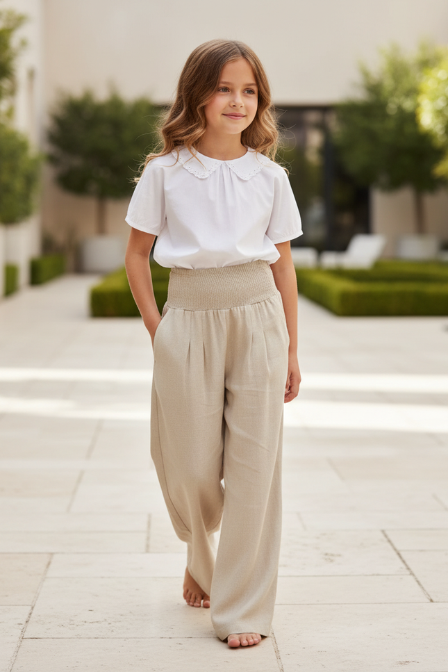 Pantalon En Lin Beige Ample Taille Haute Enfant