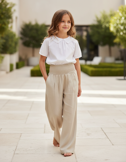Pantalon En Lin Beige Ample Taille Haute Enfant