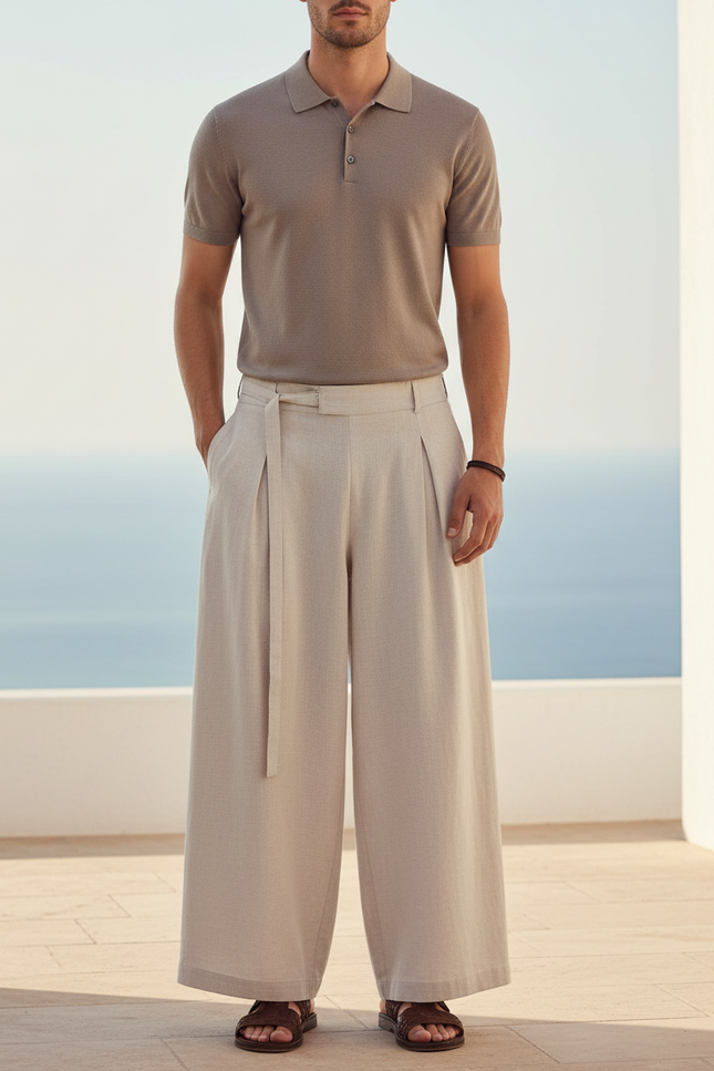 Pantalon En Lin Ample Beige Plissé Homme