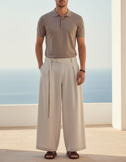 Pantalon En Lin Ample Beige Plissé Homme