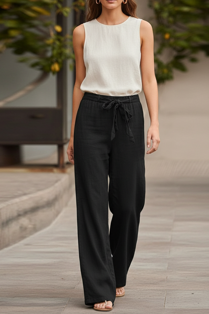 Pantalon En Lin Noir Ample Élastique Femme Droit