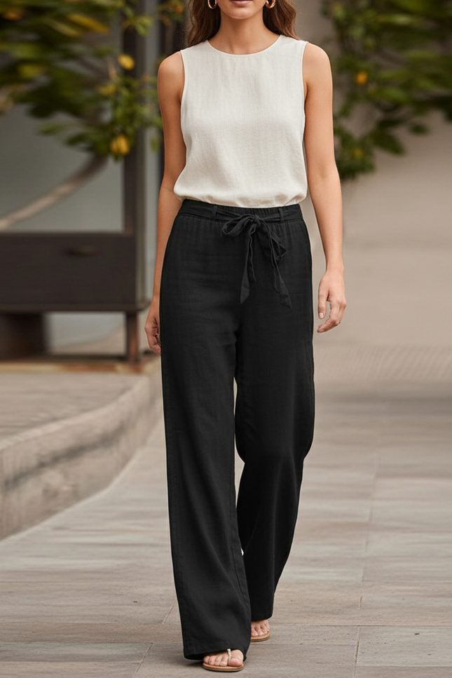 Pantalon En Lin Noir Ample Élastique Femme Droit